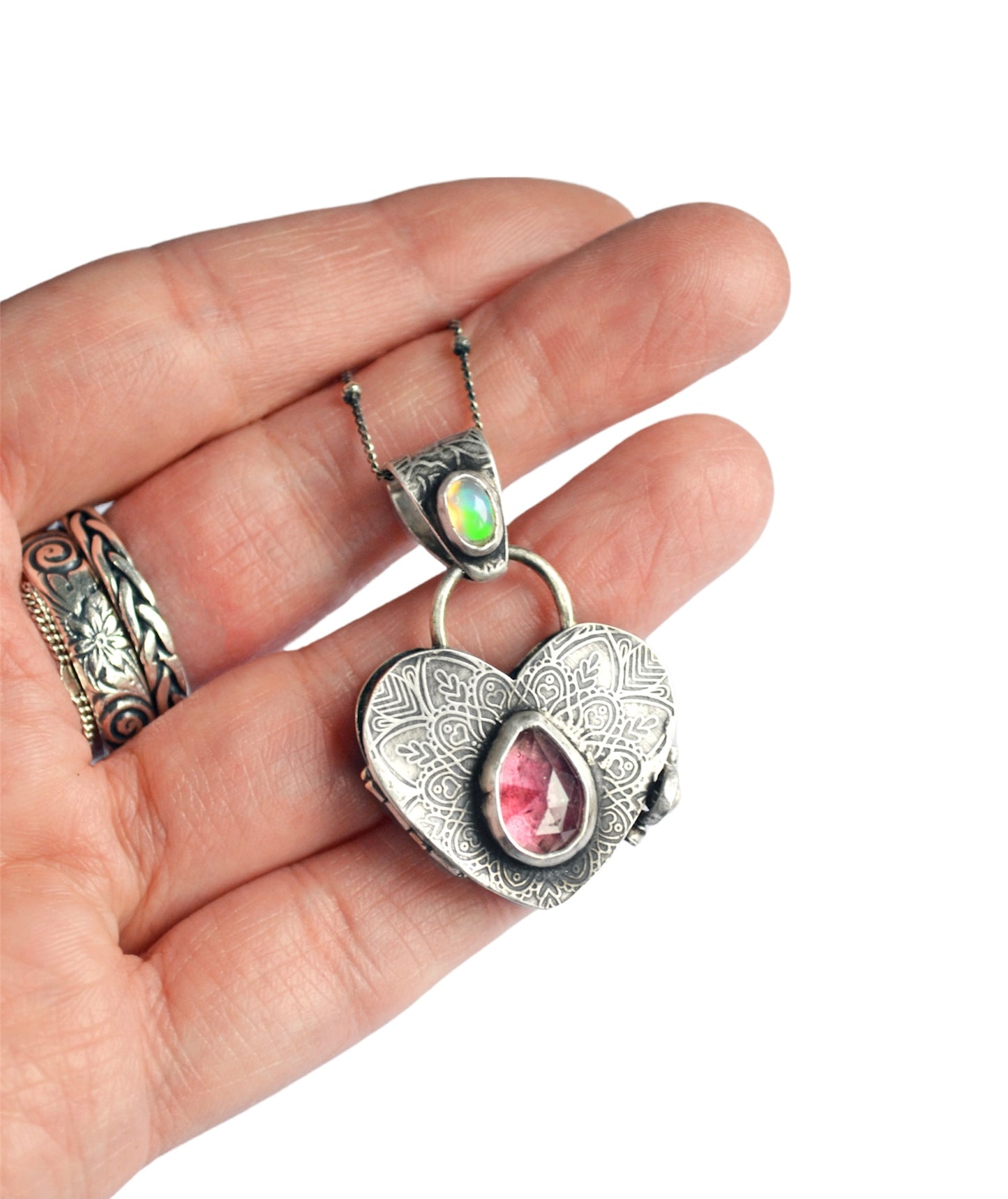 Heart Locket with Tourmaline and Opal