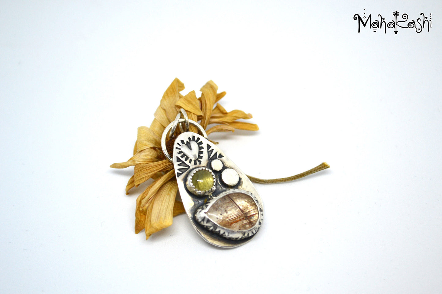 Earthly pendant with Rutilated Quartz and green Tourmaline