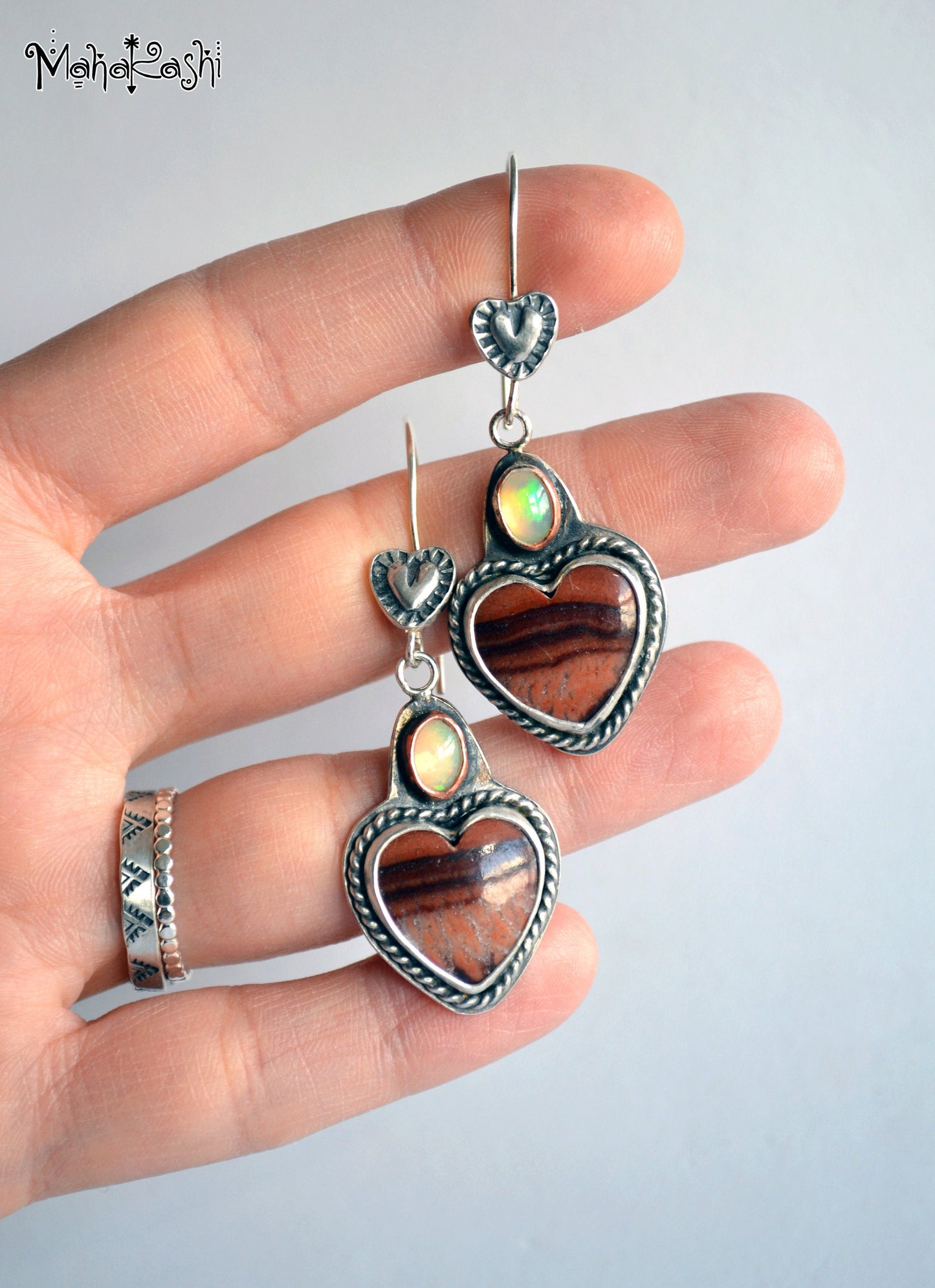 Heart dangle earrings with Dolomite and Opal cabochons