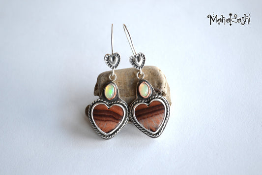 Heart dangle earrings with Dolomite and Opal cabochons