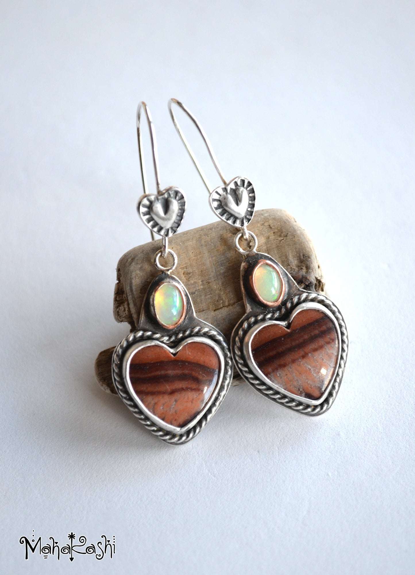 Heart dangle earrings with Dolomite and Opal cabochons