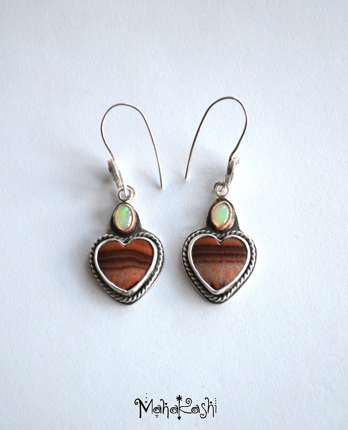 Heart dangle earrings with Dolomite and Opal cabochons
