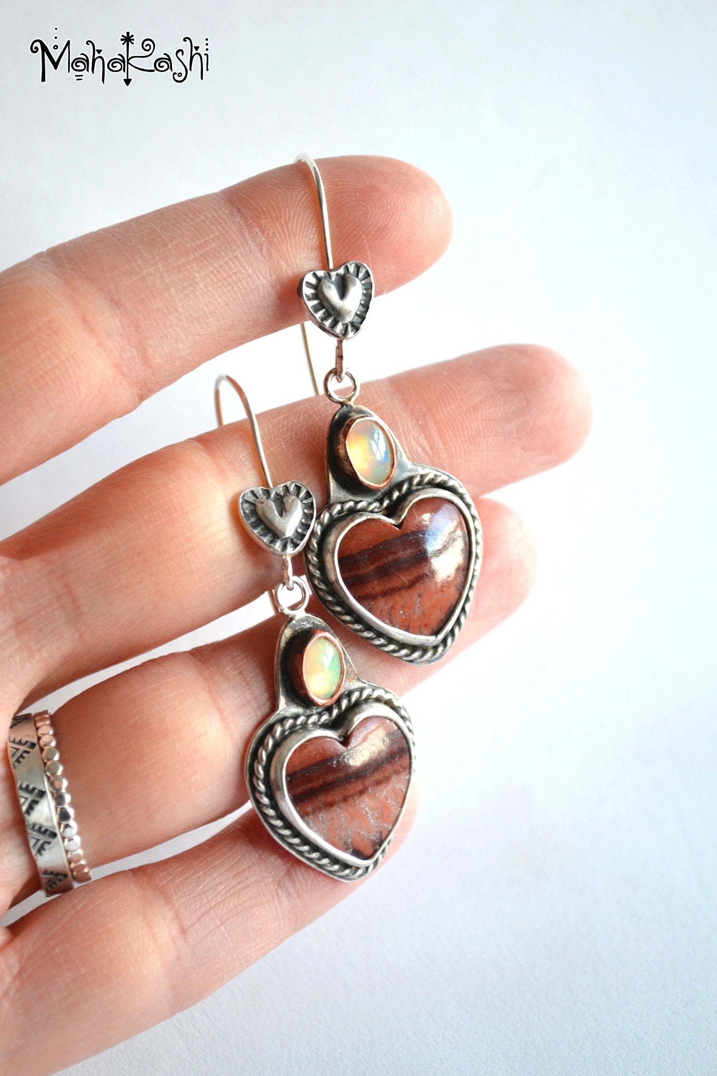 Heart dangle earrings with Dolomite and Opal cabochons