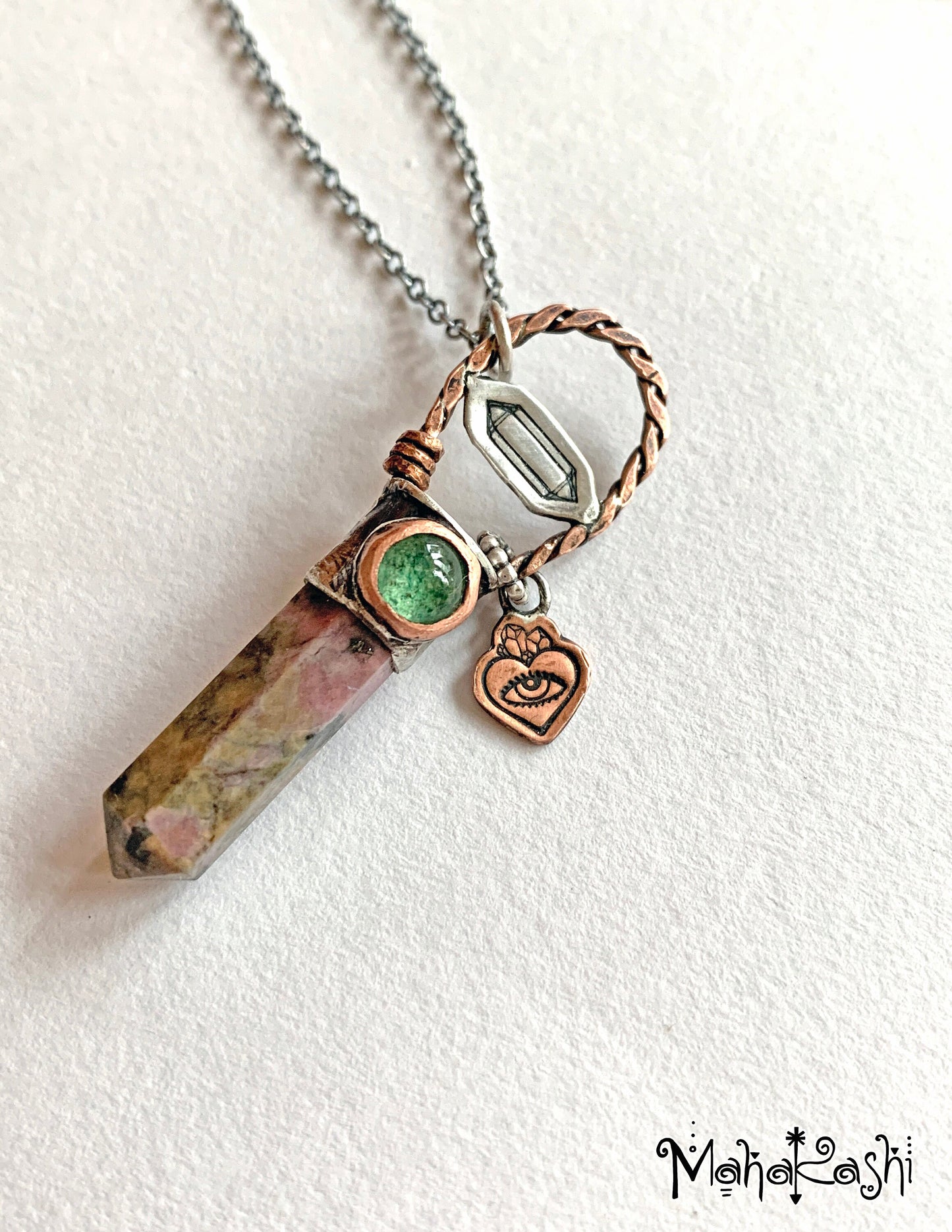 Rhodonite point pendant with green Quartz