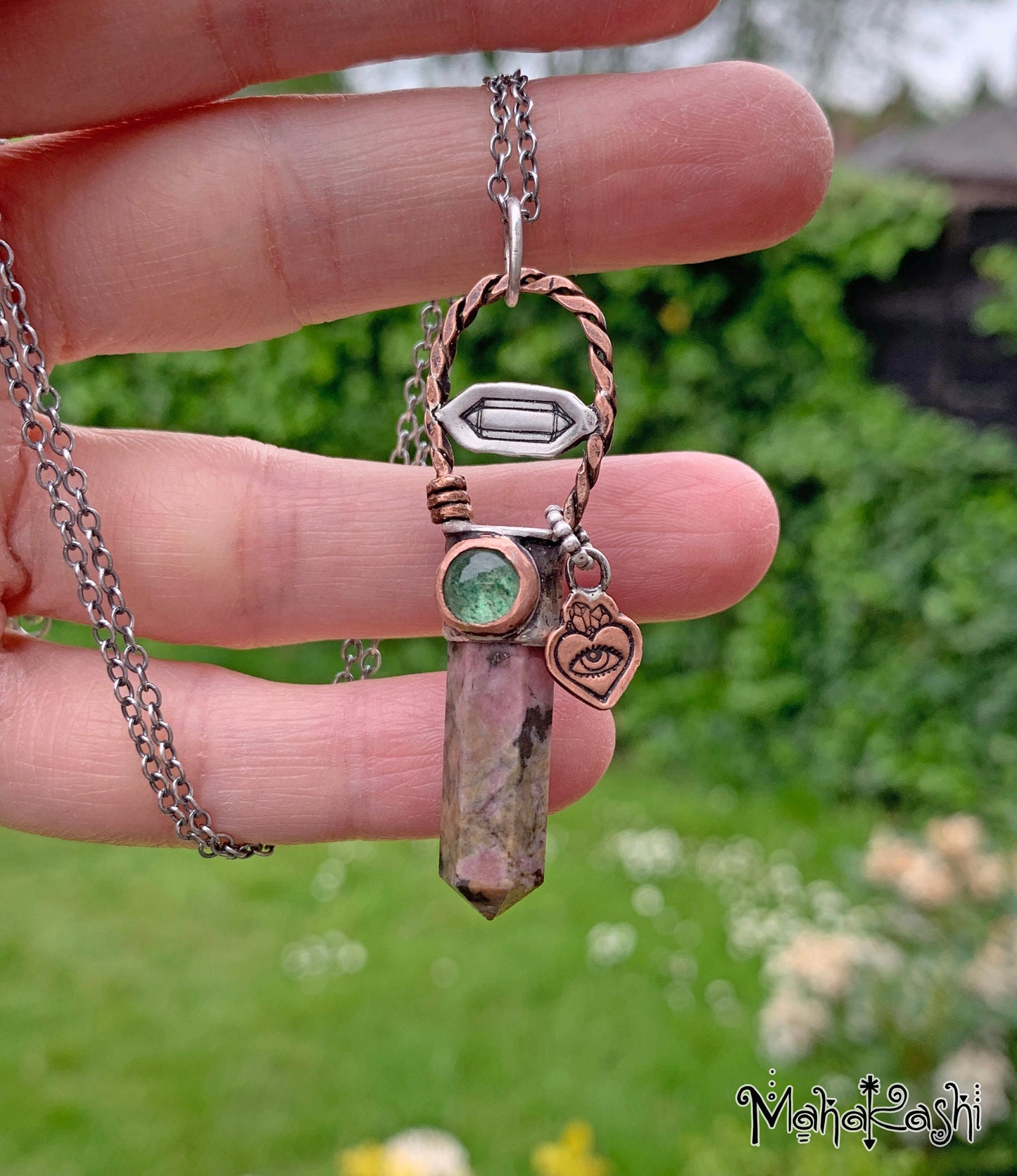 Rhodonite point pendant with green Quartz