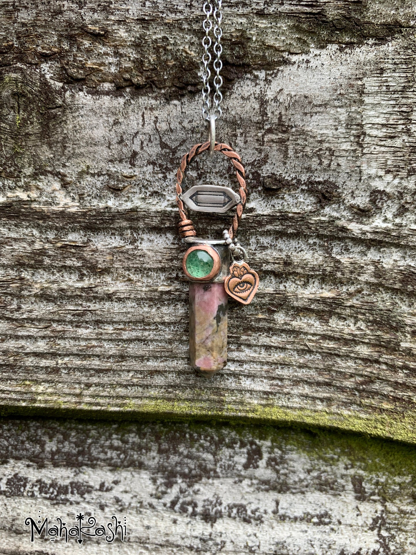 Rhodonite point pendant with green Quartz
