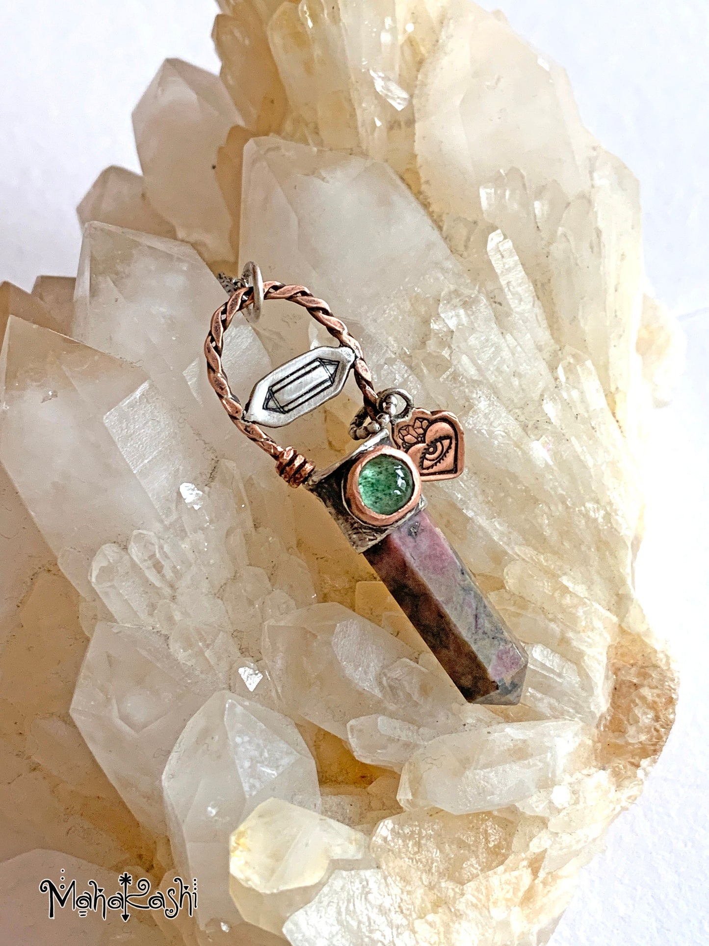 Rhodonite point pendant with green Quartz