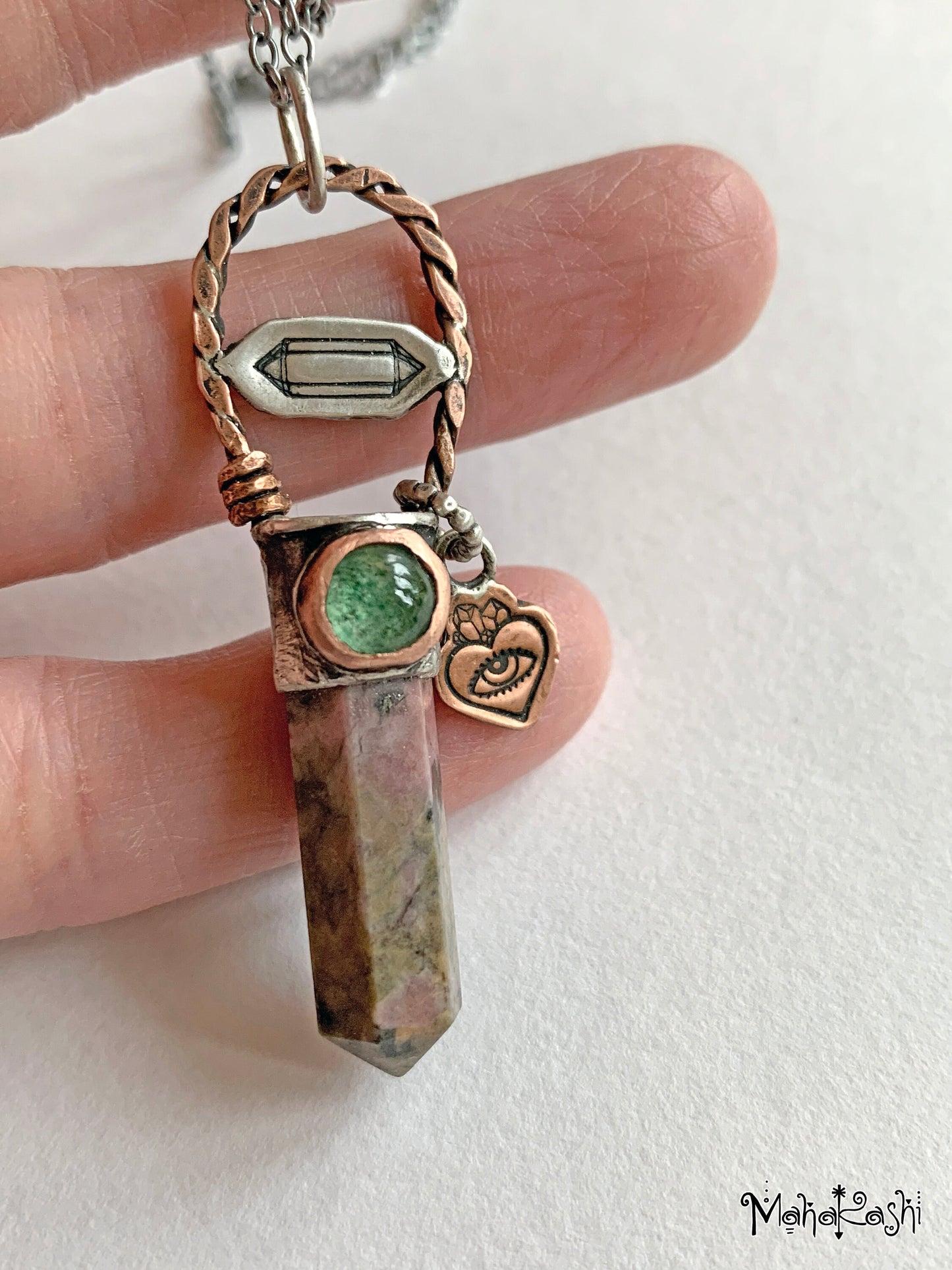 Rhodonite point pendant with green Quartz