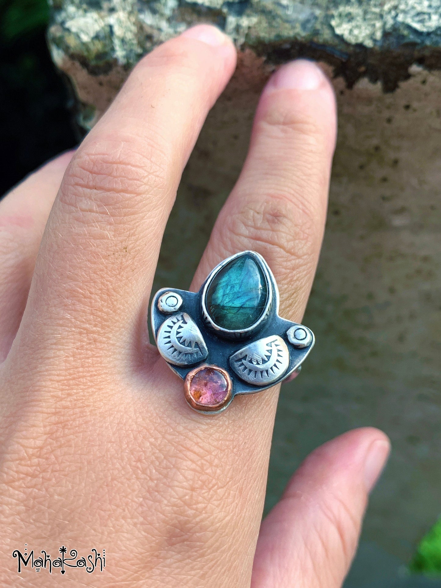 Labradorite and pink Tourmaline ring size US 8, UK Q