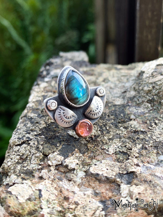 Labradorite and pink Tourmaline ring size US 8, UK Q