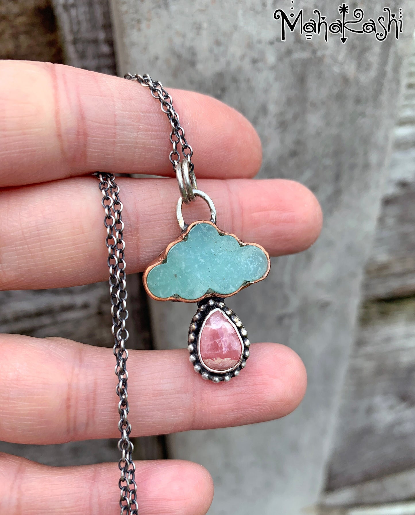 "Dreamer" pendant with Amazonite cloud and Rhodochrosite