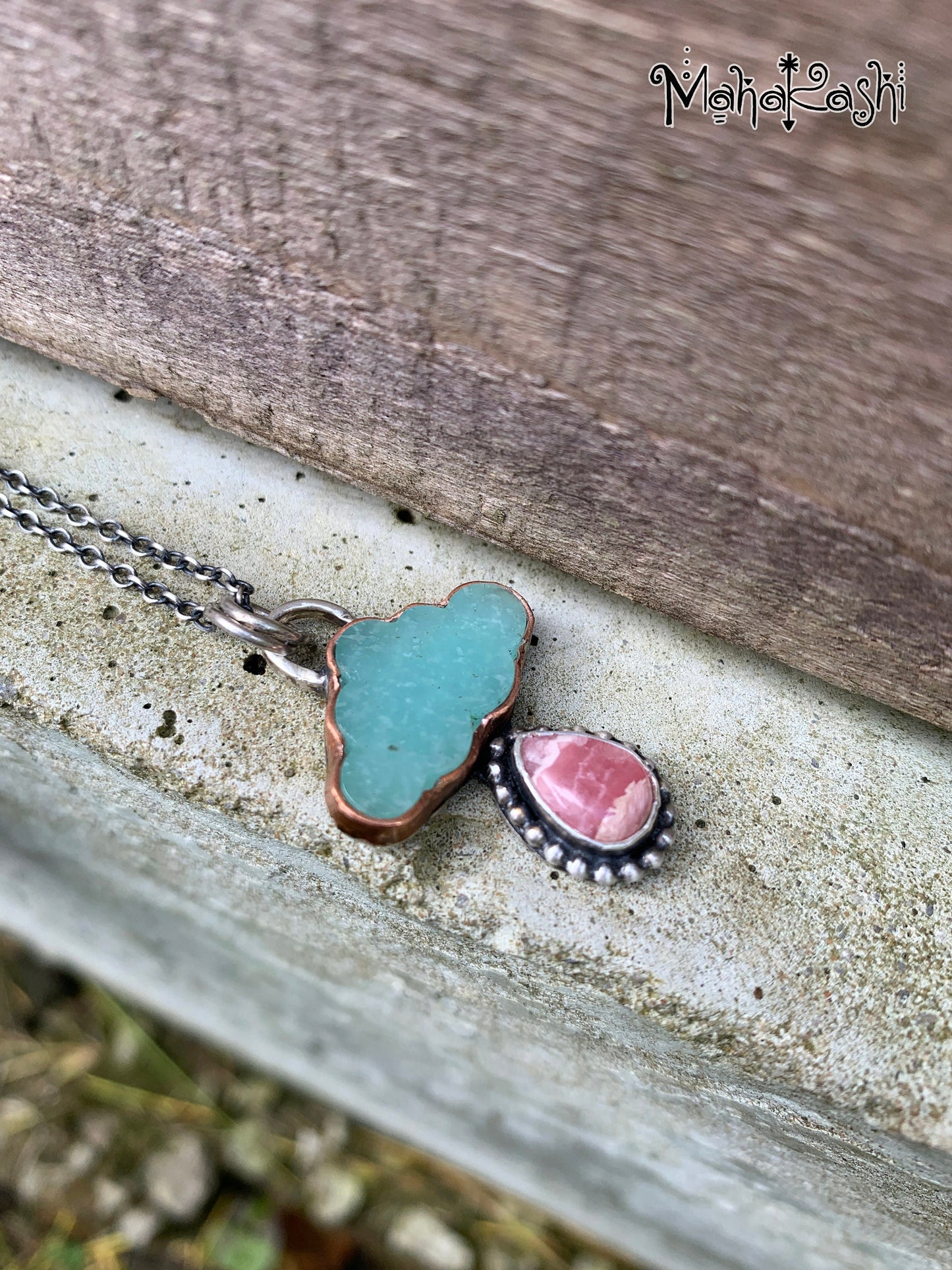 "Dreamer" pendant with Amazonite cloud and Rhodochrosite