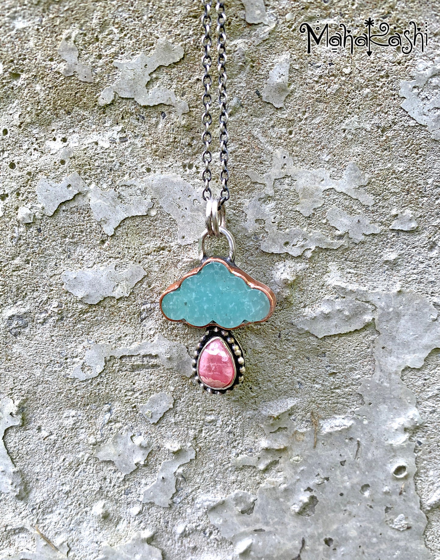 "Dreamer" pendant with Amazonite cloud and Rhodochrosite