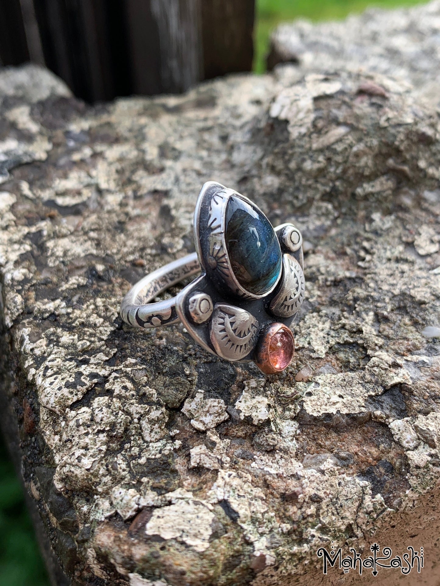 Labradorite and pink Tourmaline ring size US 8, UK Q