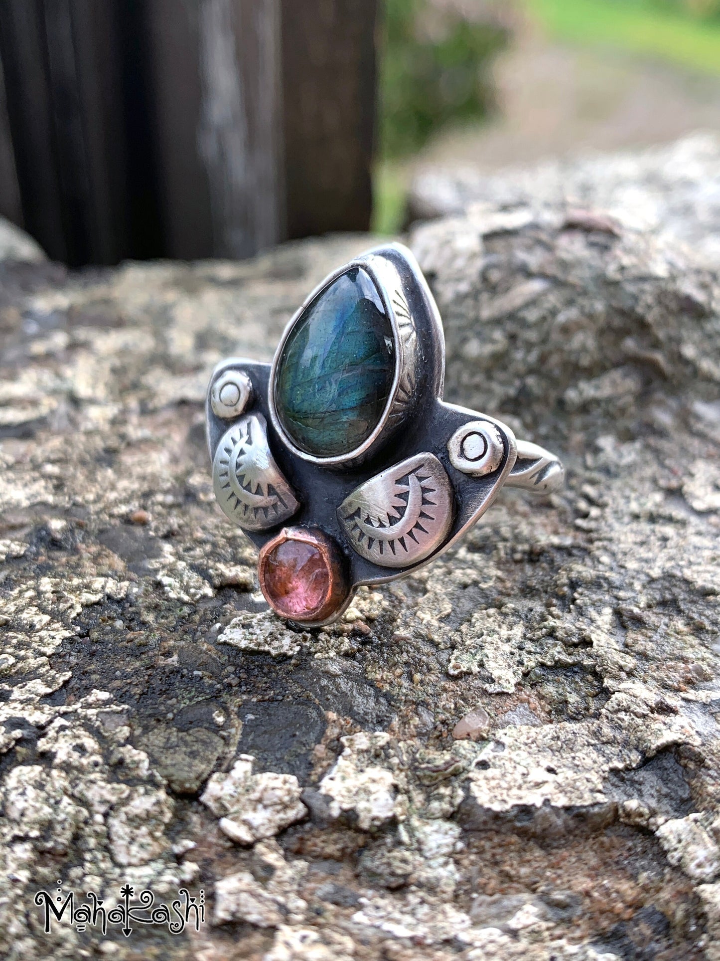 Labradorite and pink Tourmaline ring size US 8, UK Q
