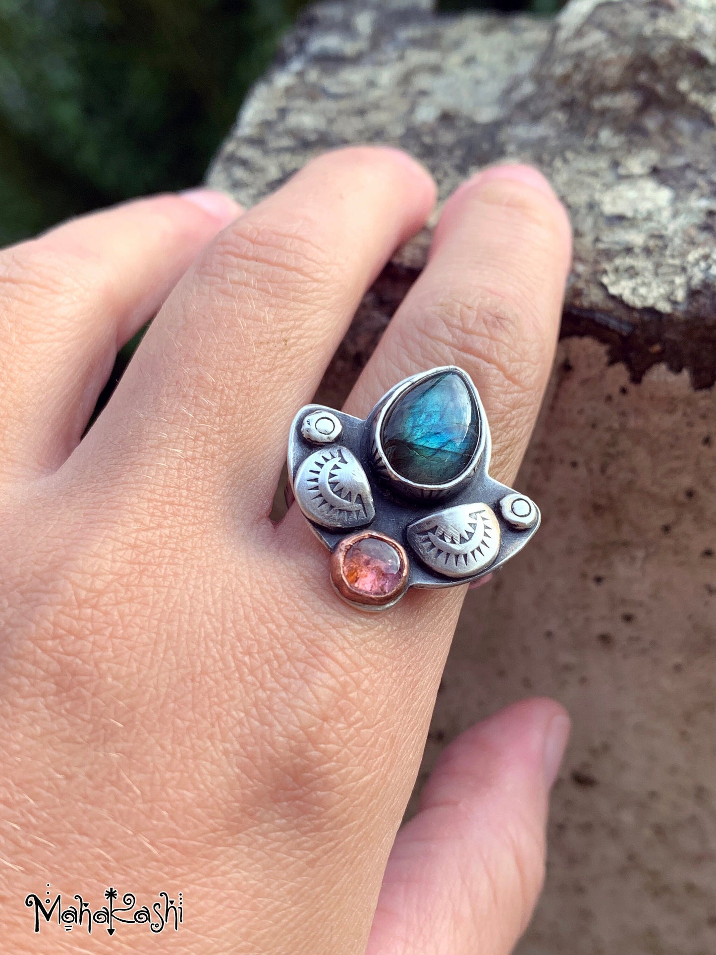 Labradorite and pink Tourmaline ring size US 8, UK Q