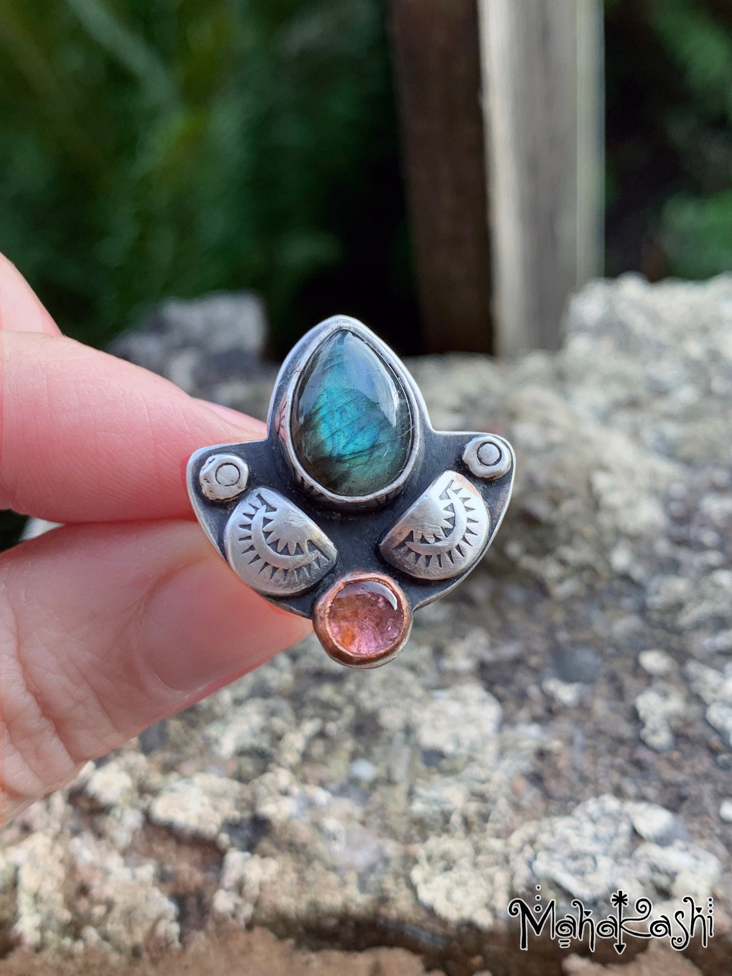 Labradorite and pink Tourmaline ring size US 8, UK Q