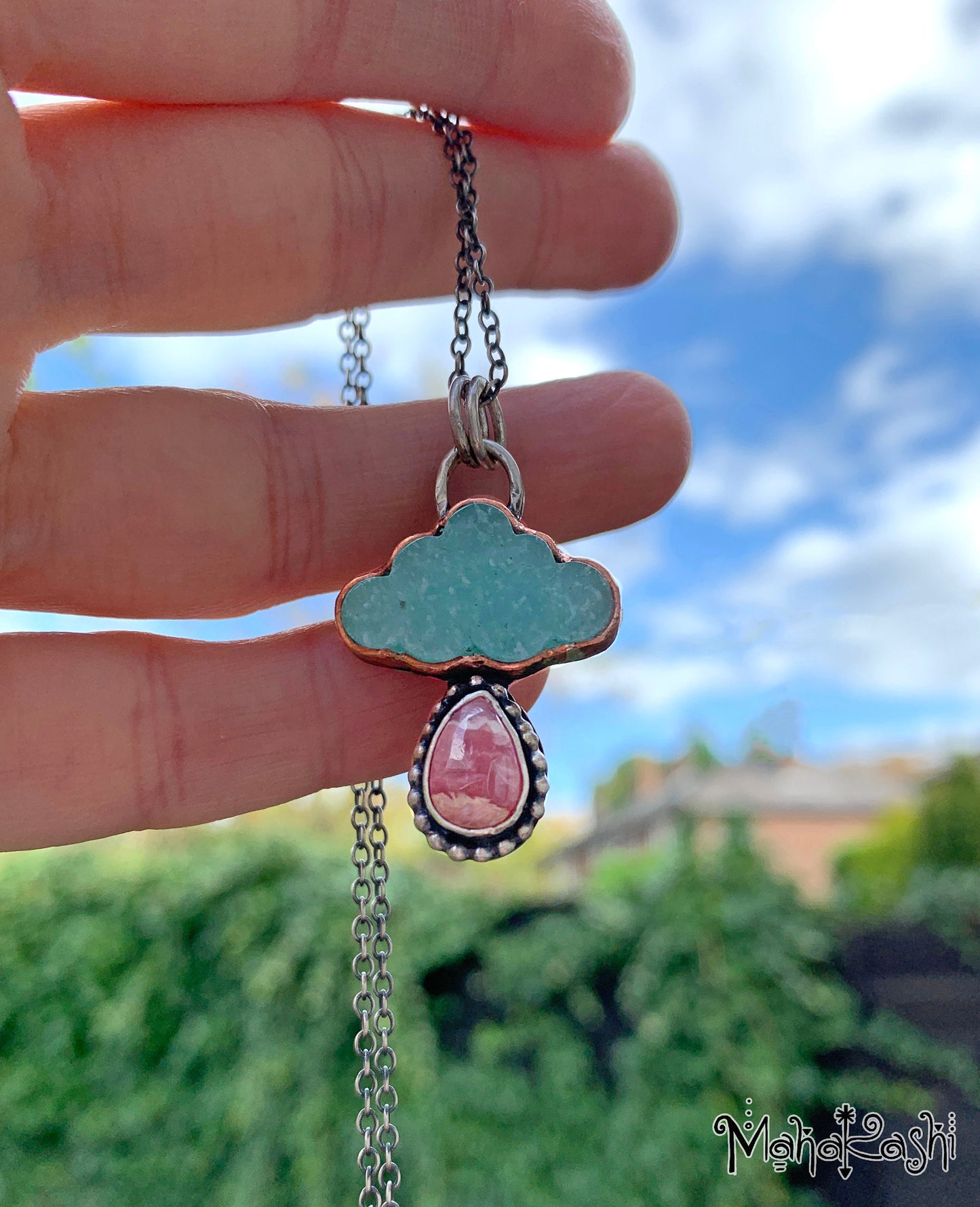"Dreamer" pendant with Amazonite cloud and Rhodochrosite
