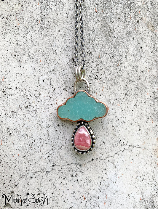 "Dreamer" pendant with Amazonite cloud and Rhodochrosite