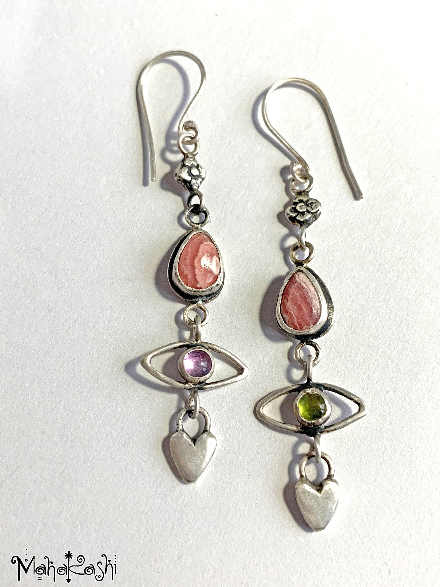 'Flower child' earrings with Rhodochrosite, Amethyst and Peridot