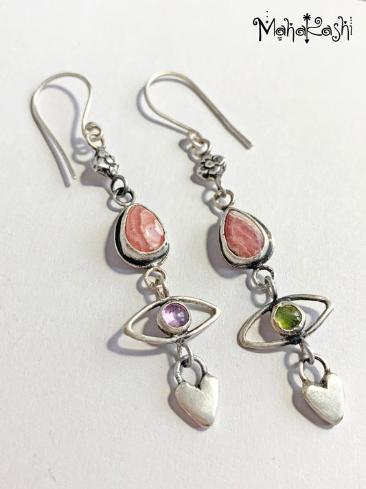 'Flower child' earrings with Rhodochrosite, Amethyst and Peridot