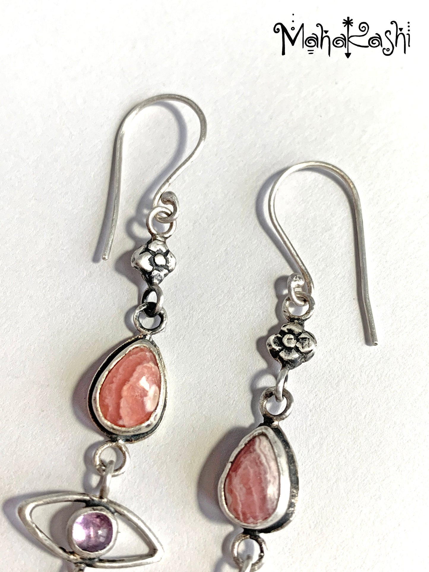'Flower child' earrings with Rhodochrosite, Amethyst and Peridot