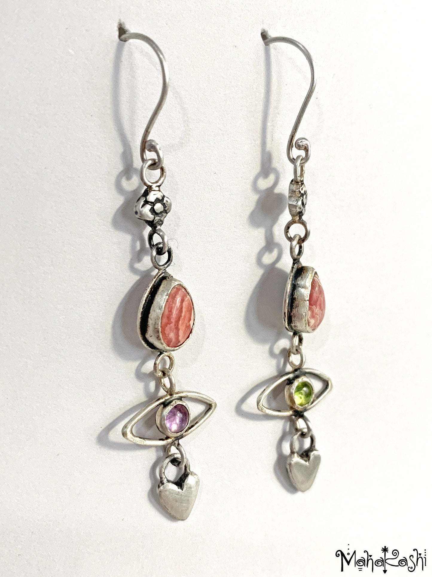 'Flower child' earrings with Rhodochrosite, Amethyst and Peridot
