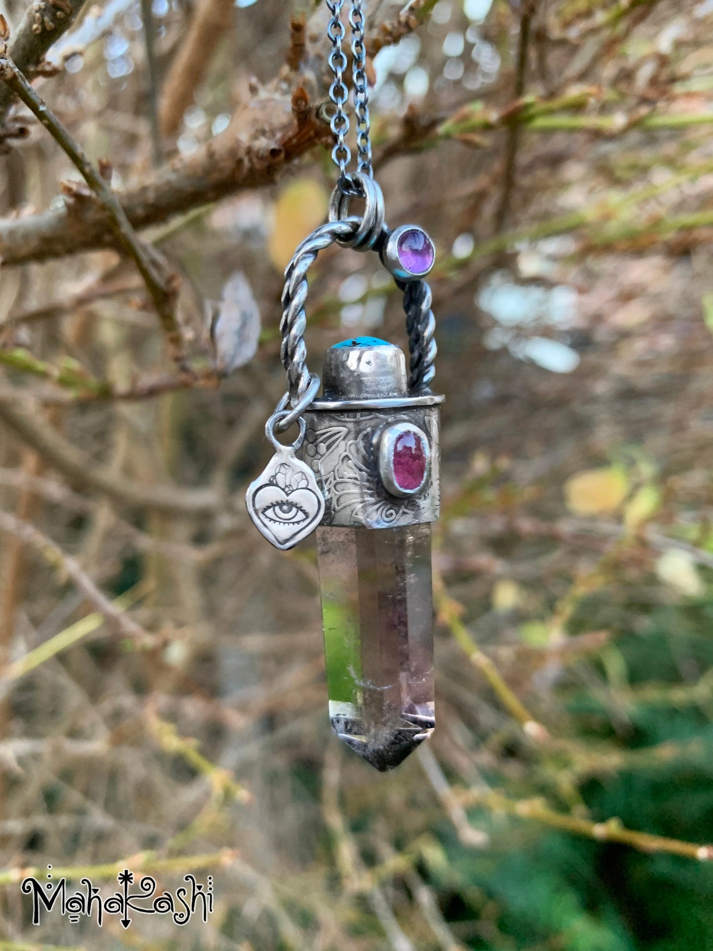 Smoky Quartz point, pink Tourmaline, Turquoise and Amethyst