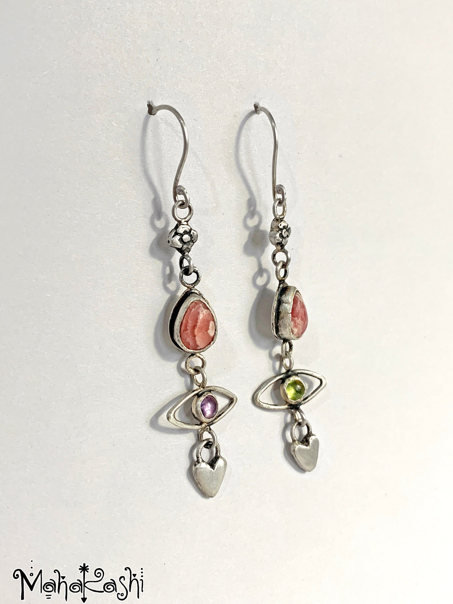 'Flower child' earrings with Rhodochrosite, Amethyst and Peridot