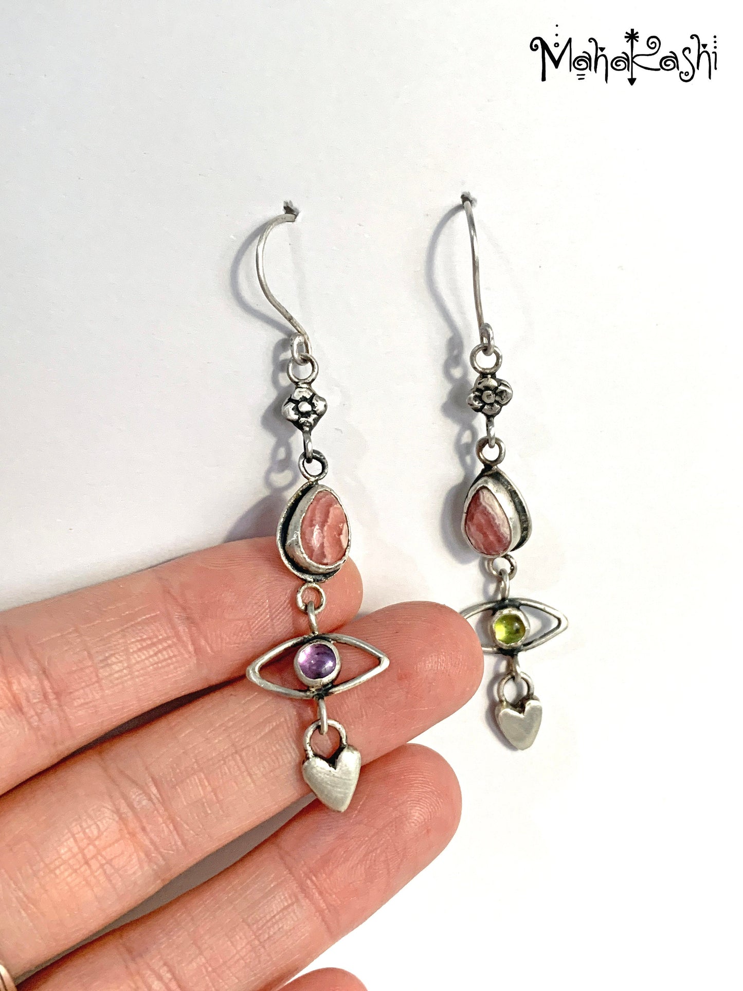 'Flower child' earrings with Rhodochrosite, Amethyst and Peridot