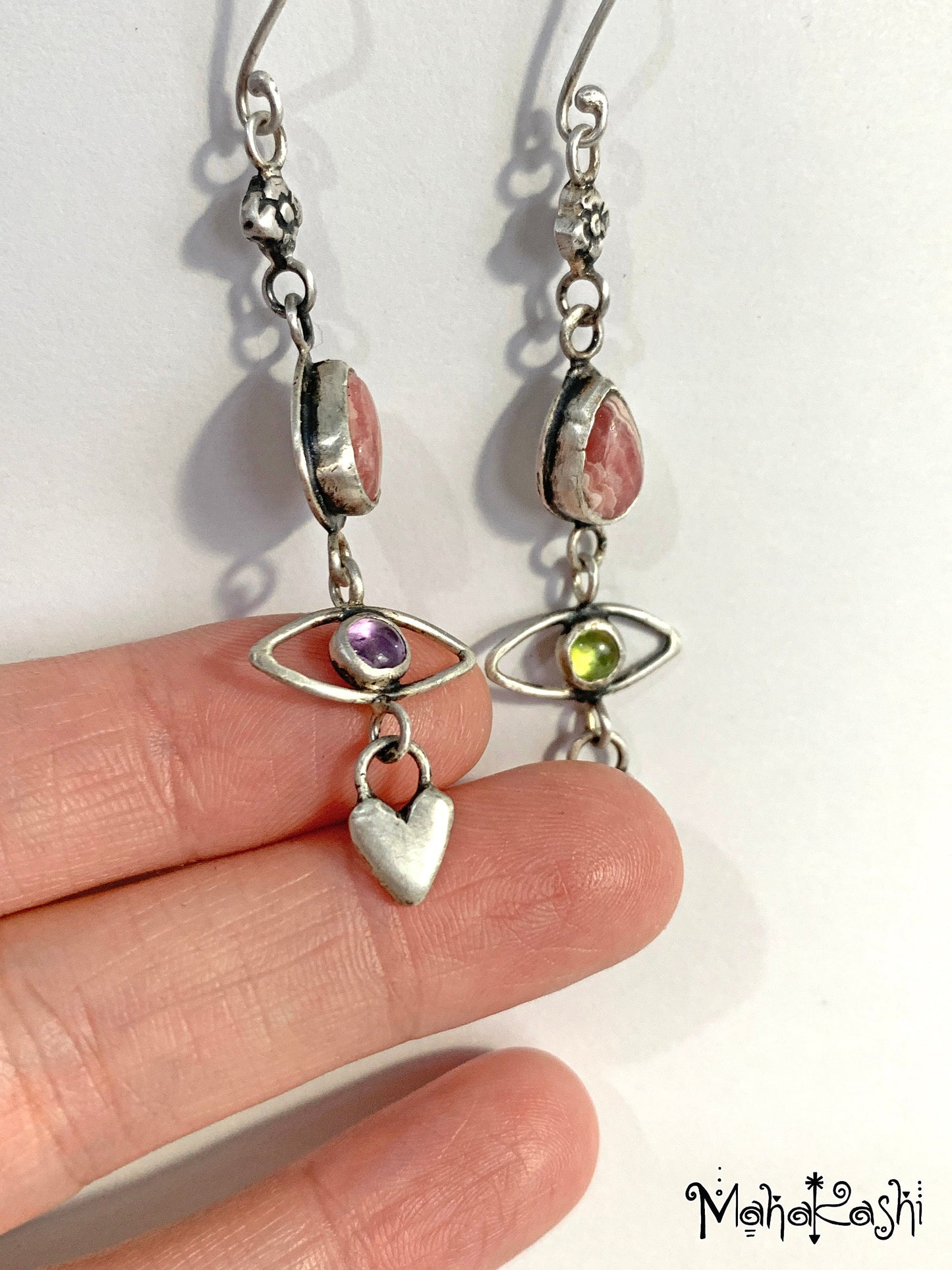 'Flower child' earrings with Rhodochrosite, Amethyst and Peridot