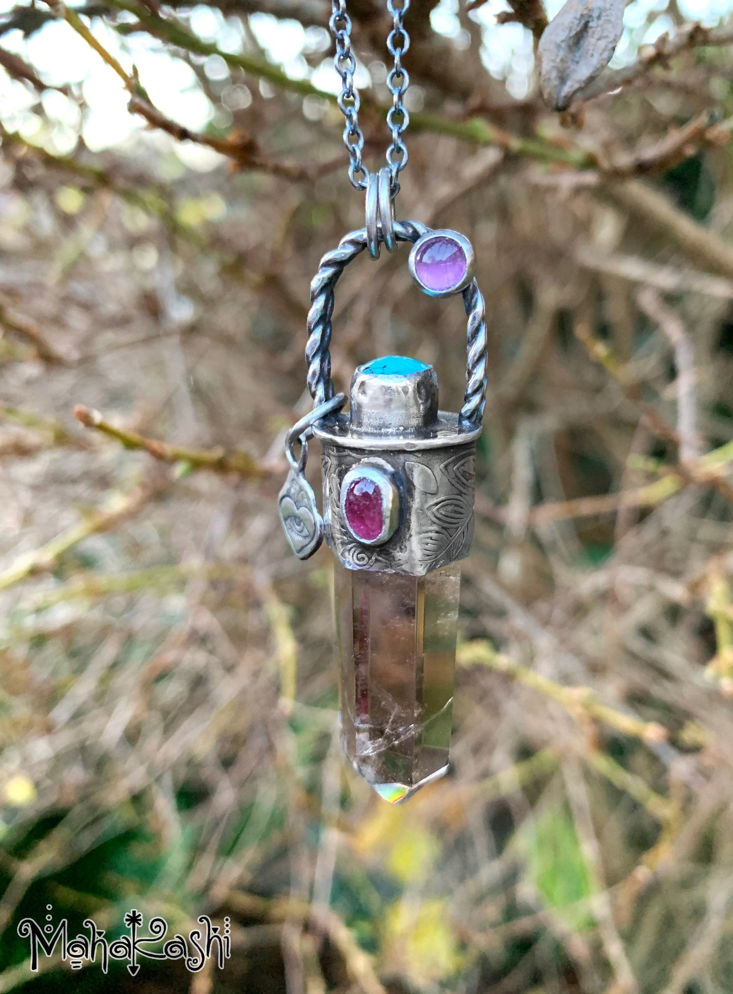 Smoky Quartz point, pink Tourmaline, Turquoise and Amethyst