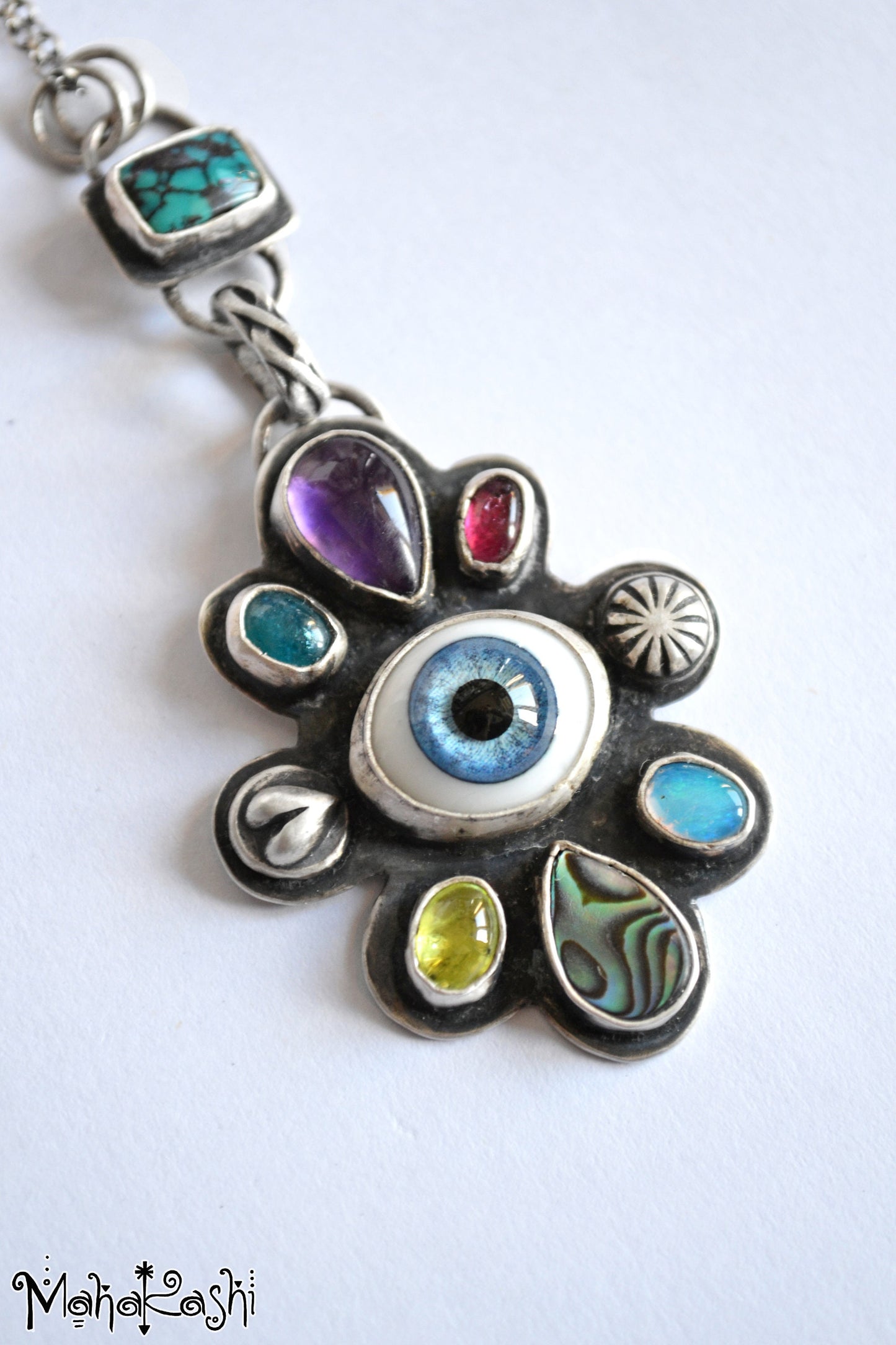Glass Eye pendant with Turquoise,Amethyst,Opal,Apatite,Peridot,Tourmaline and Abalone shell