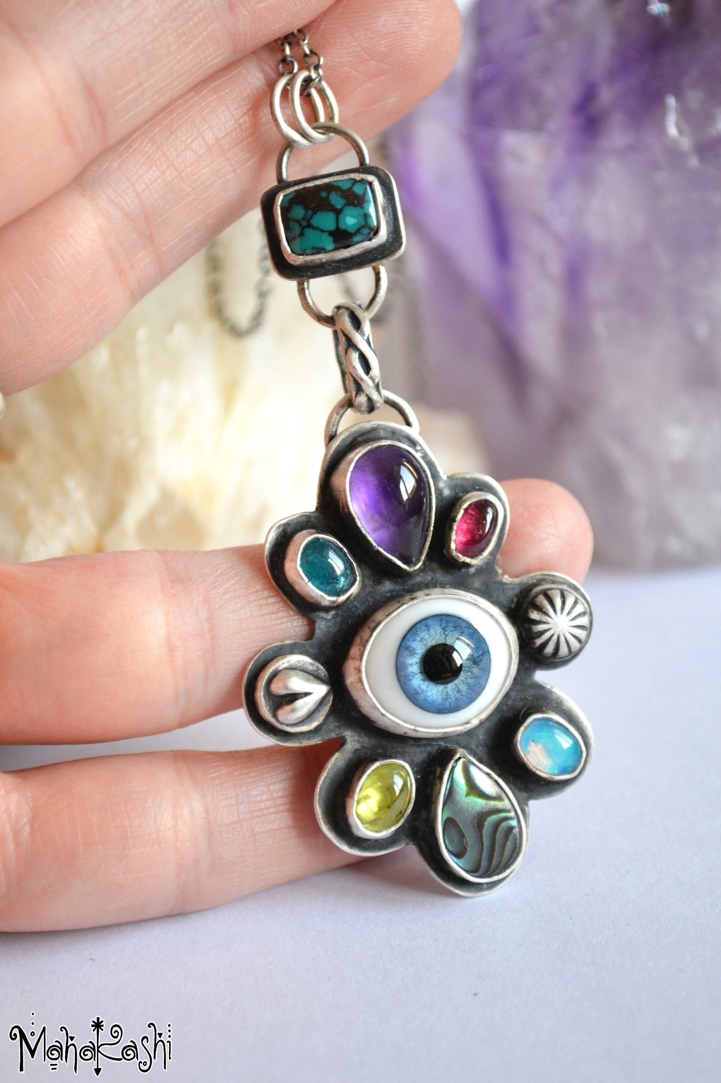 Glass Eye pendant with Turquoise,Amethyst,Opal,Apatite,Peridot,Tourmaline and Abalone shell