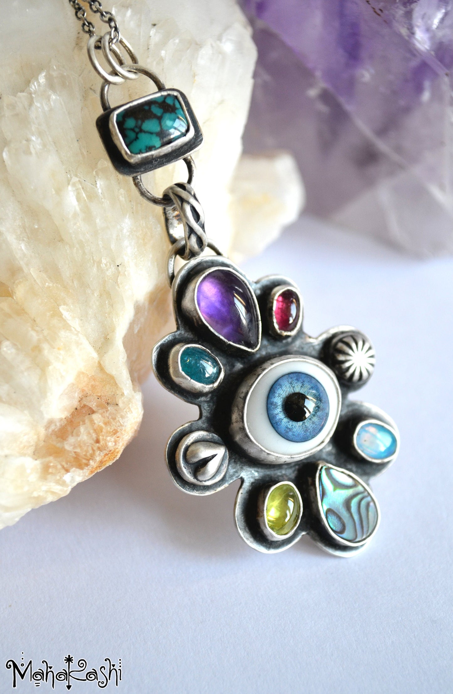Glass Eye pendant with Turquoise,Amethyst,Opal,Apatite,Peridot,Tourmaline and Abalone shell