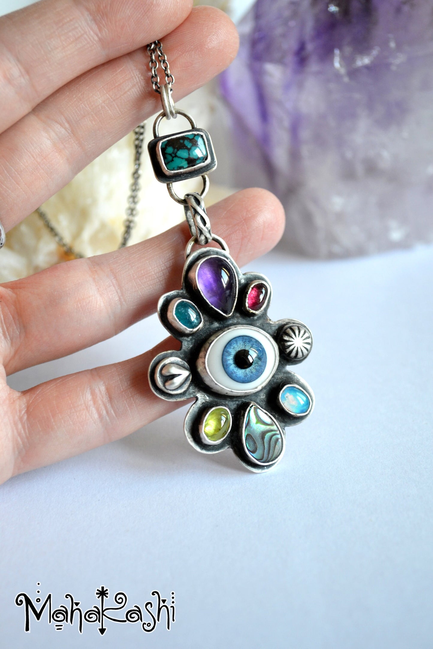 Glass Eye pendant with Turquoise,Amethyst,Opal,Apatite,Peridot,Tourmaline and Abalone shell