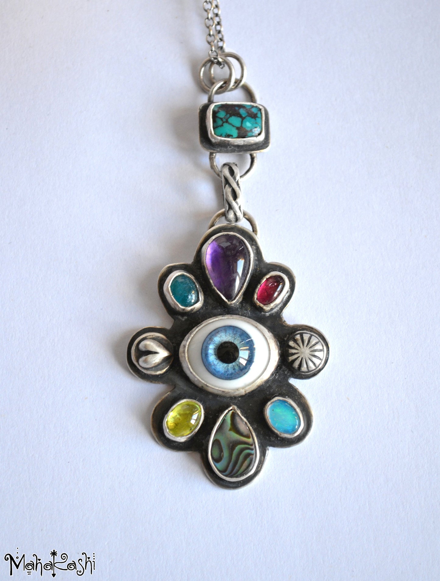 Glass Eye pendant with Turquoise,Amethyst,Opal,Apatite,Peridot,Tourmaline and Abalone shell