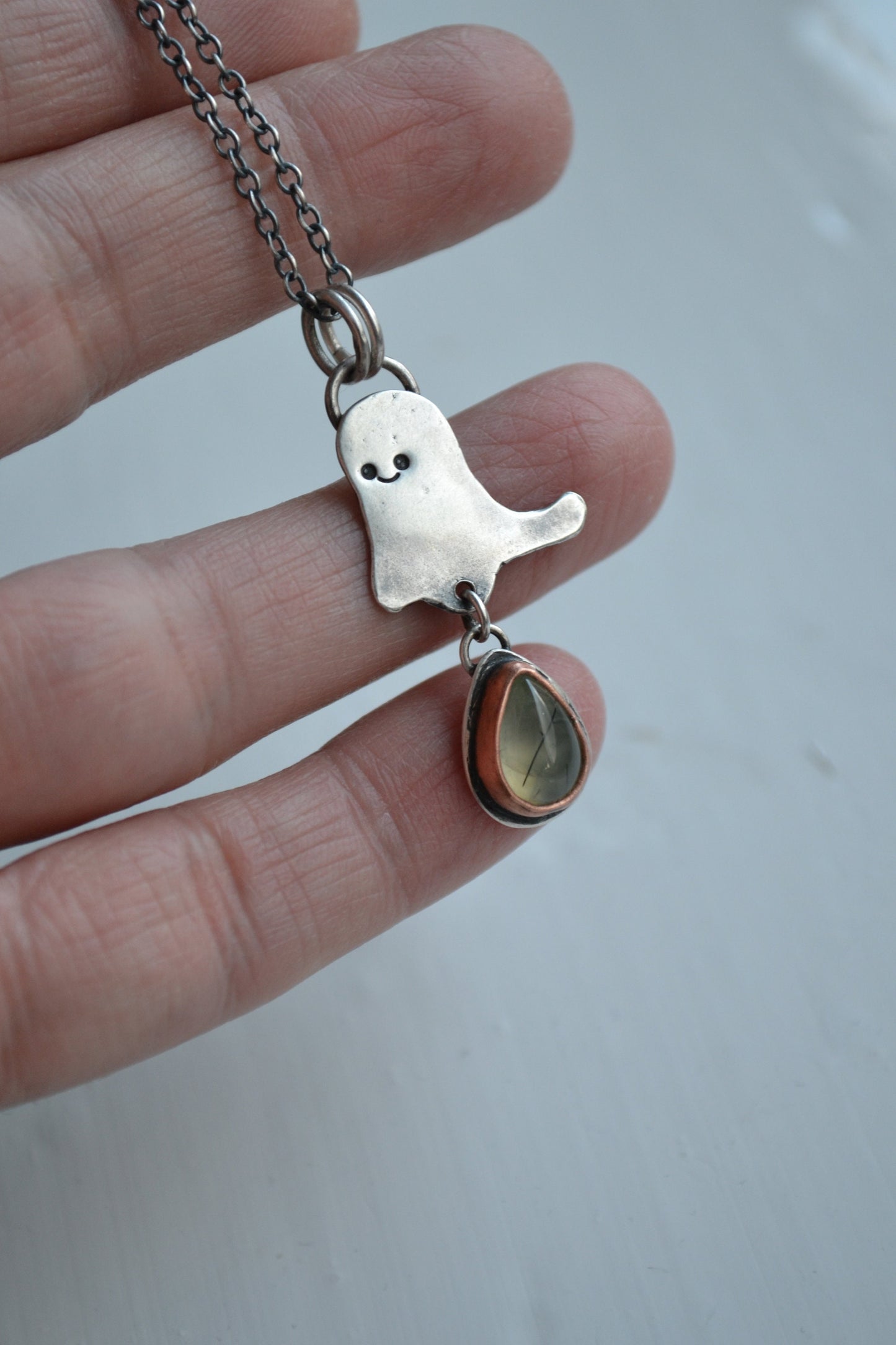 Little ghost pendant with Prehnite in copper bezel