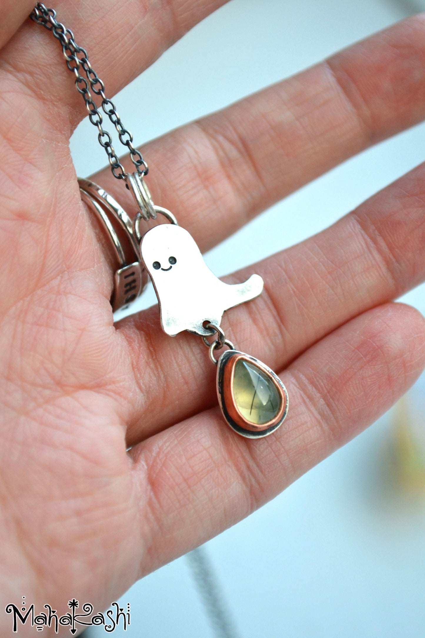 Little ghost pendant with Prehnite in copper bezel