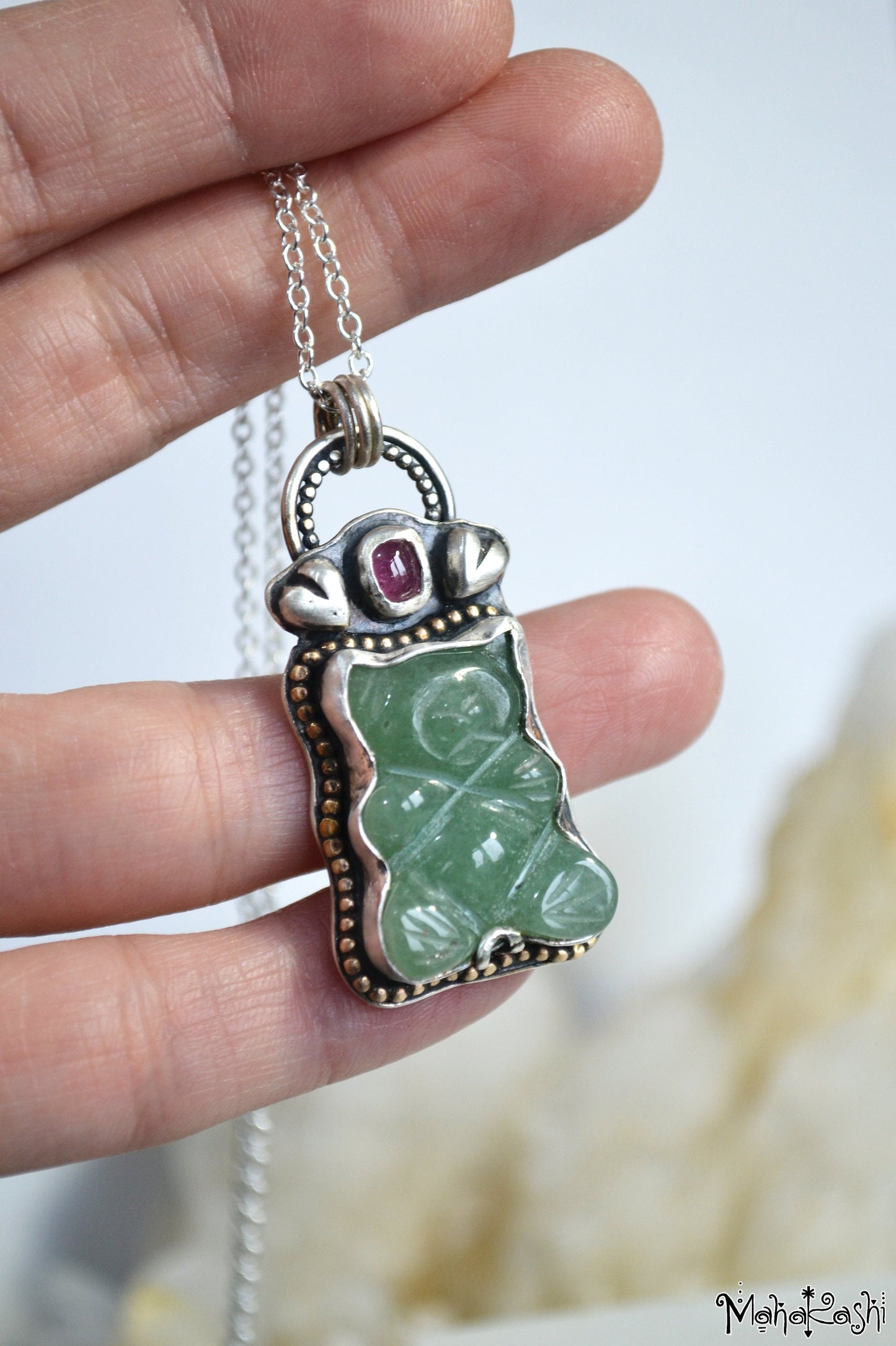 Teddy bear pendant with Aventurine and Sapphire