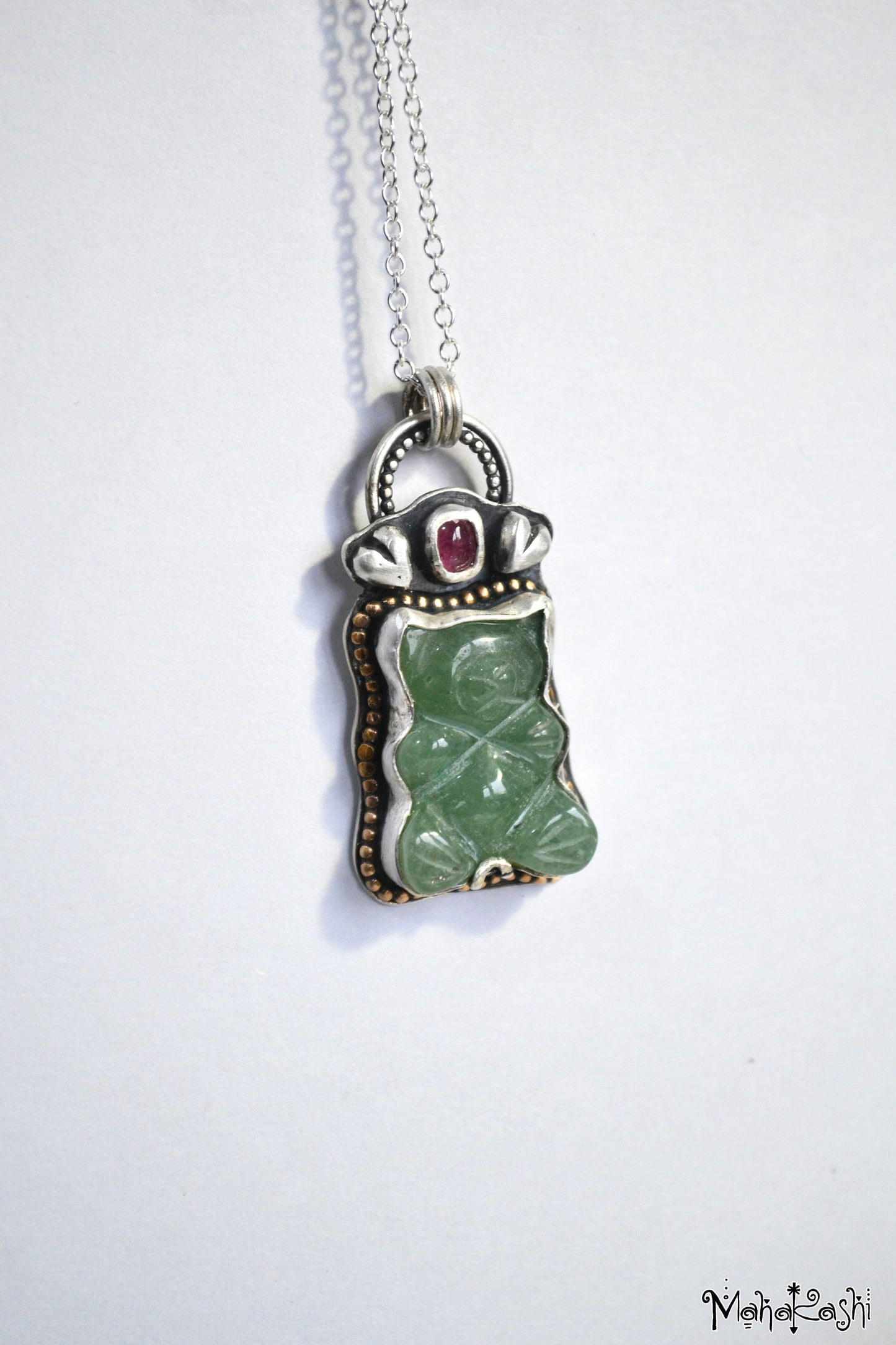 Teddy bear pendant with Aventurine and Sapphire