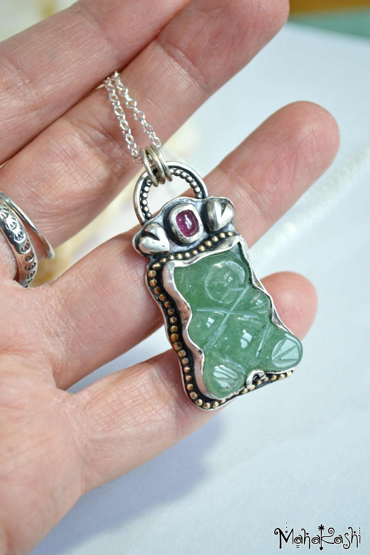 Teddy bear pendant with Aventurine and Sapphire