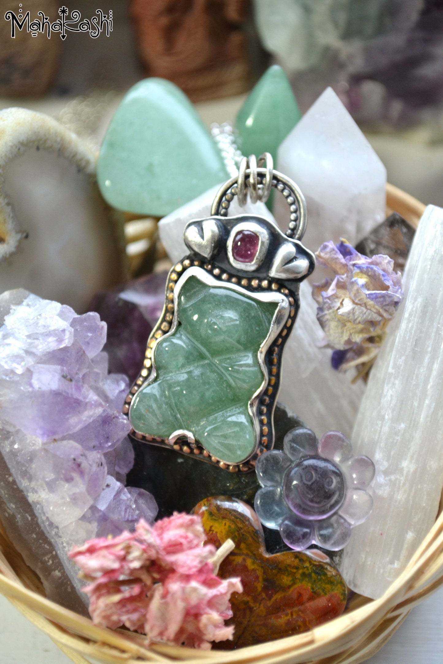 Teddy bear pendant with Aventurine and Sapphire
