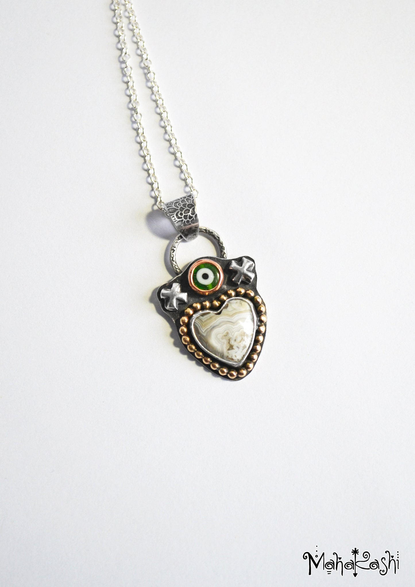 Heart pendant with crazy lace Agate and glass evil eye
