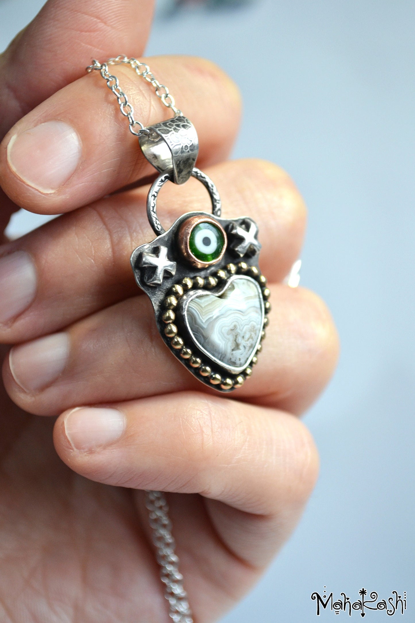 Heart pendant with crazy lace Agate and glass evil eye