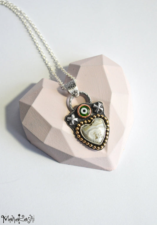 Heart pendant with crazy lace Agate and glass evil eye