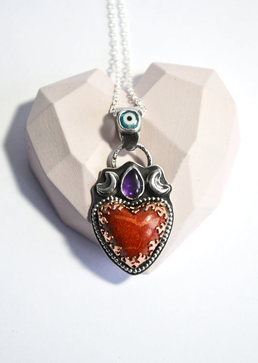 Heart dreamer pendant with Japanese Coral,Amethyst and glass evil eye