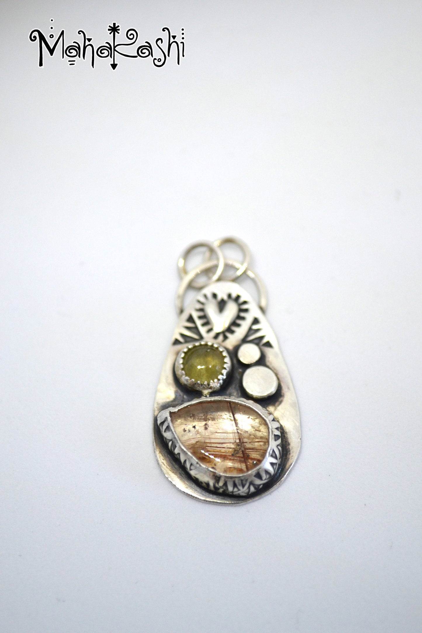 Earthly pendant with Rutilated Quartz and green Tourmaline