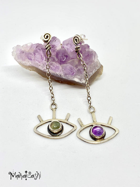 Eyes earrings with Amethyst and Tourmaline