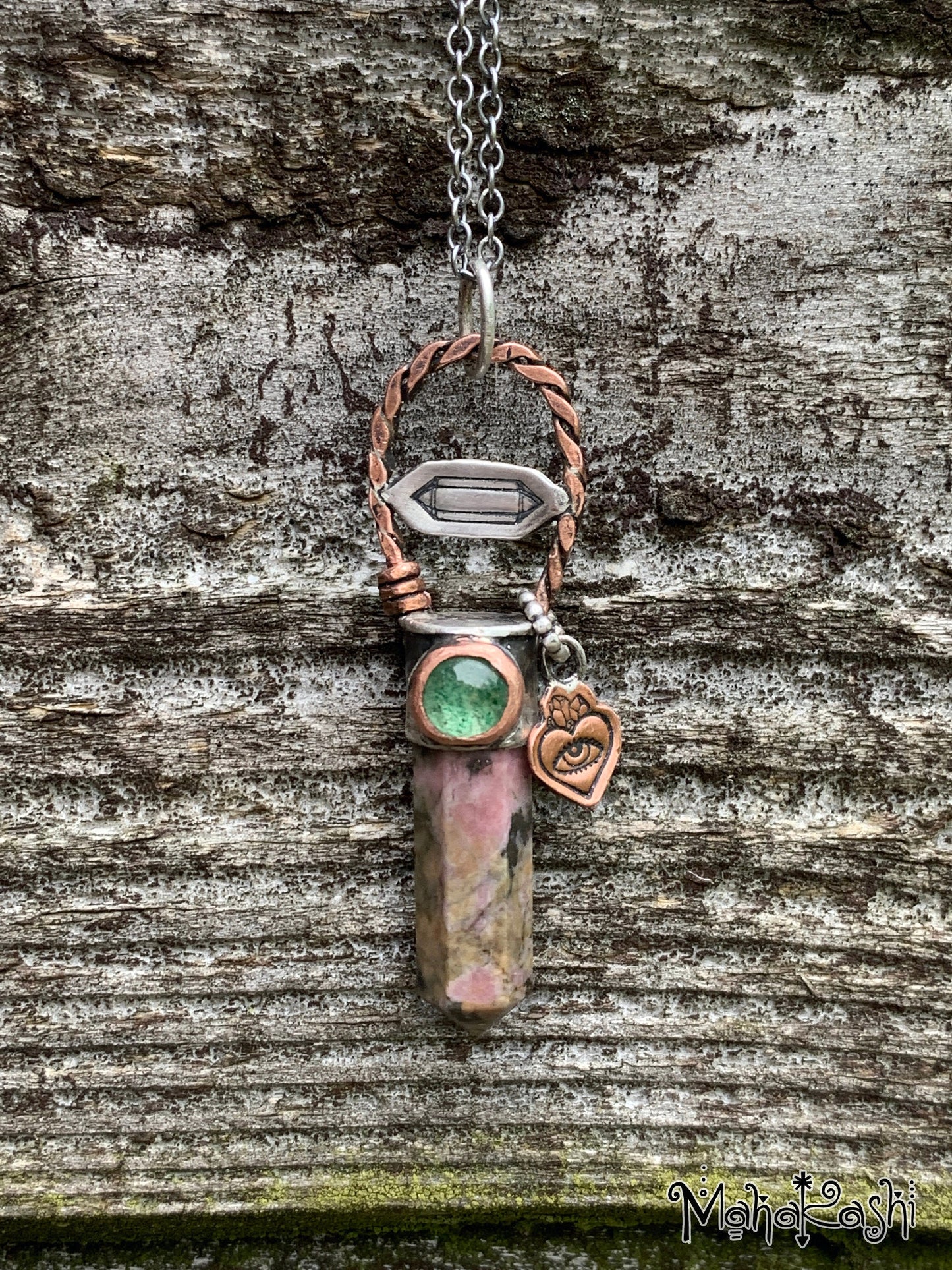 Rhodonite point pendant with green Quartz